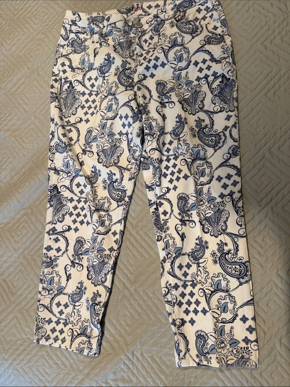 Style & Co. White Jeans with Navy Paisley Print